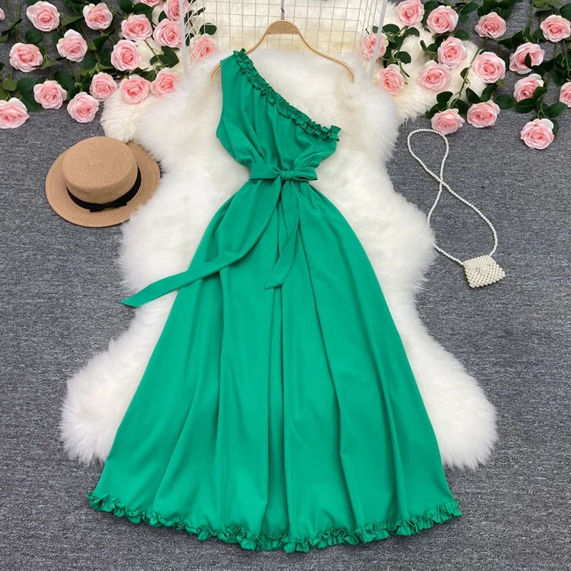 One-Shoulder Belted Maxi Beach Dress