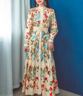 French Floral Puff Sleeve Button Dress