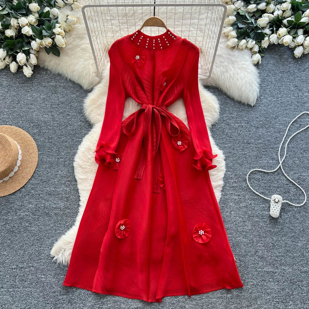 Floral Beaded High Waist Party Dress