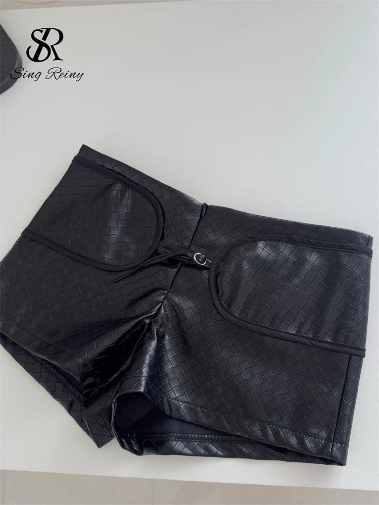 Black Woven Faux Leather Shorts