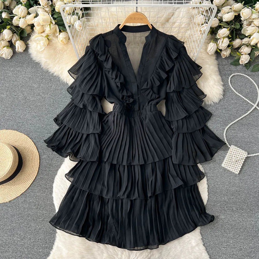 Vintage Ruffle Tiered Flare Sleeve Mini Dress