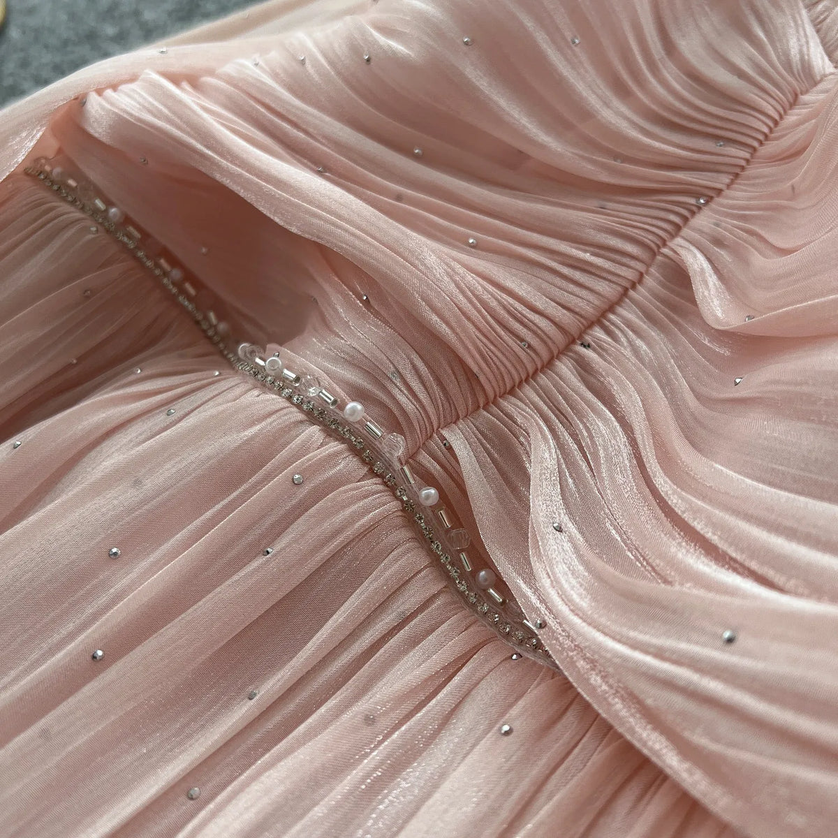 3D Floral Rhinestone Puff Sleeve Chiffon Dress