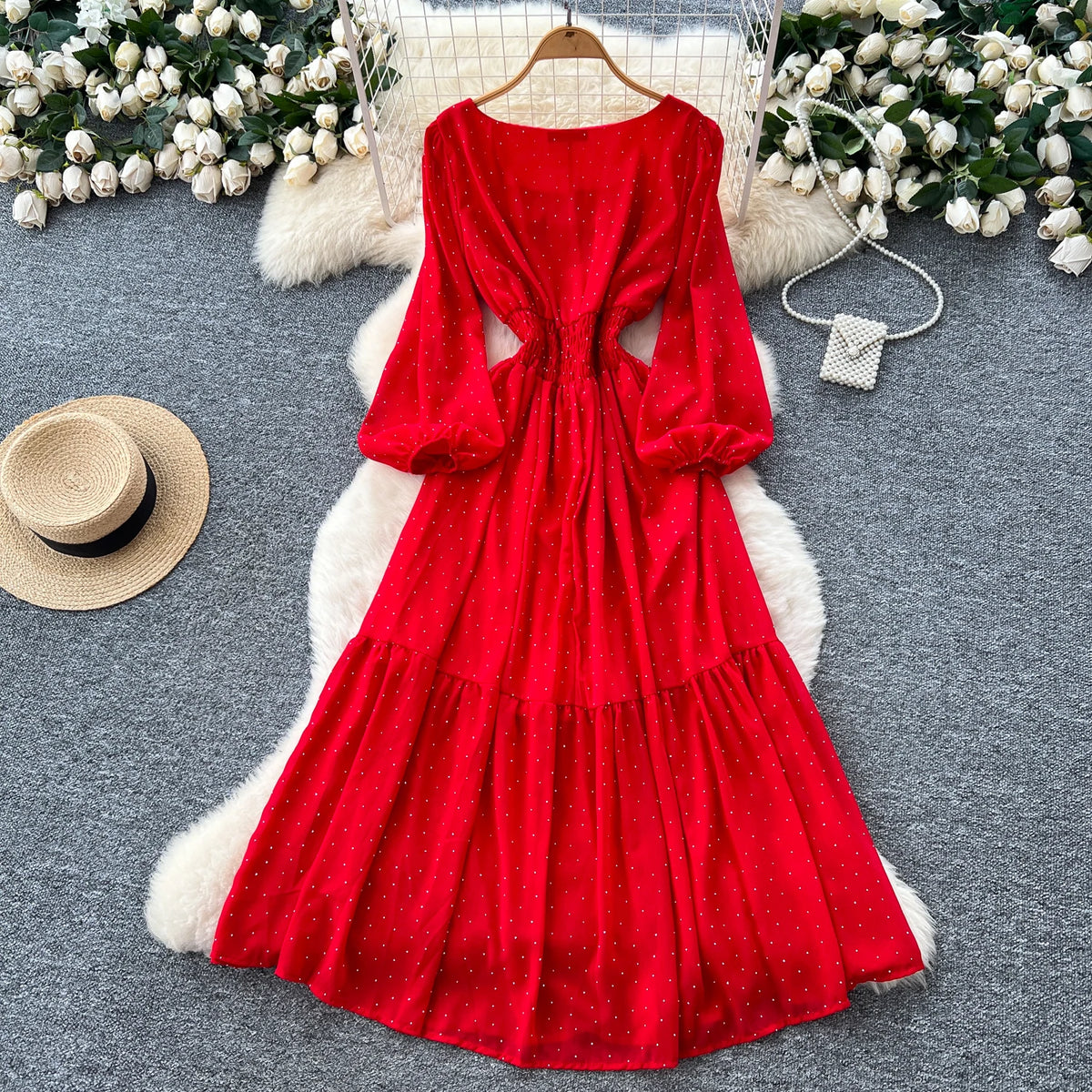 Rhinestone Square Neck A-Line Dress