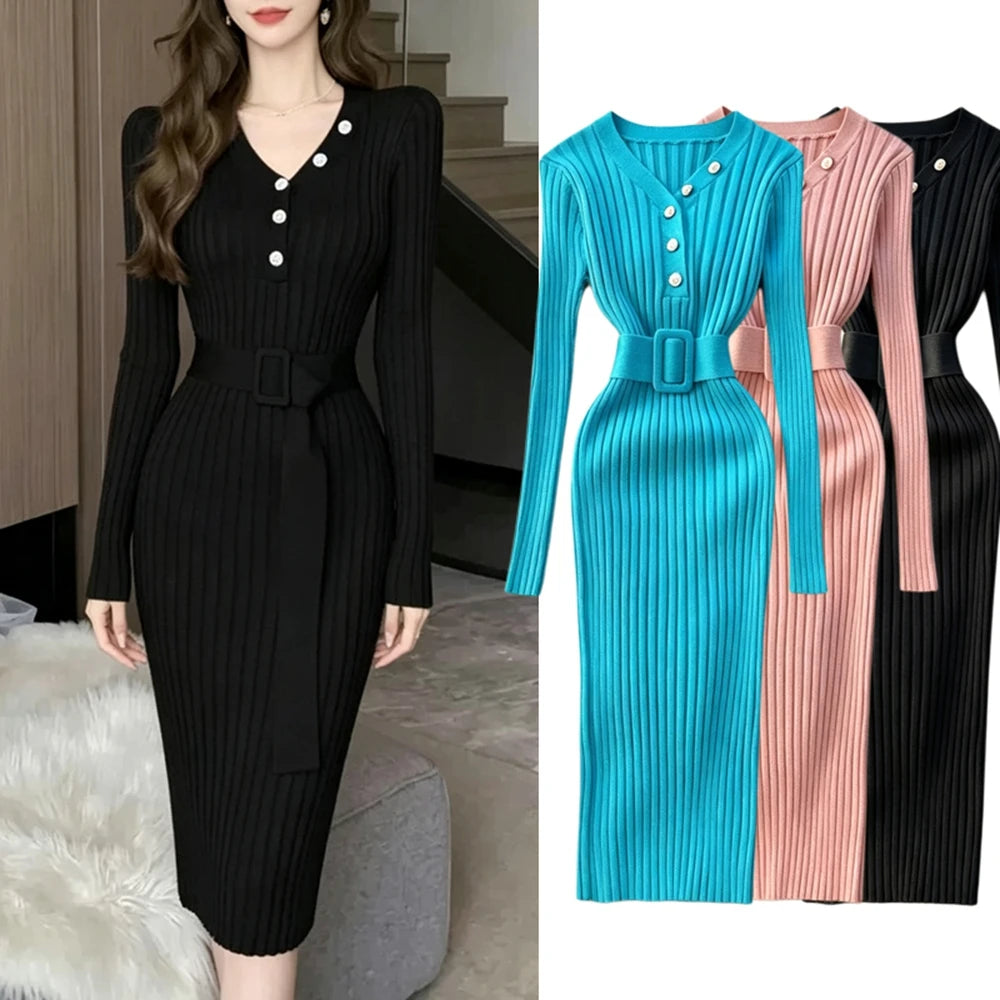 Ribbed Knit Bodycon Office Sweater Dress
