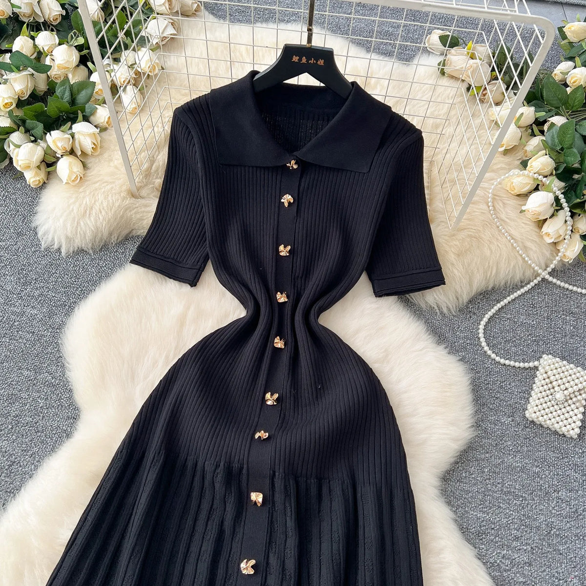 Collared Patchwork Knit Maxi Sweater Dress