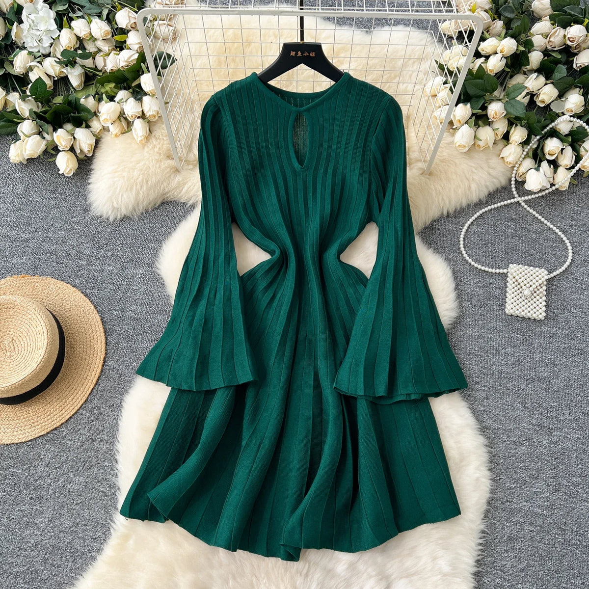 Openwork Knit Flare Sleeve A-Line Dress