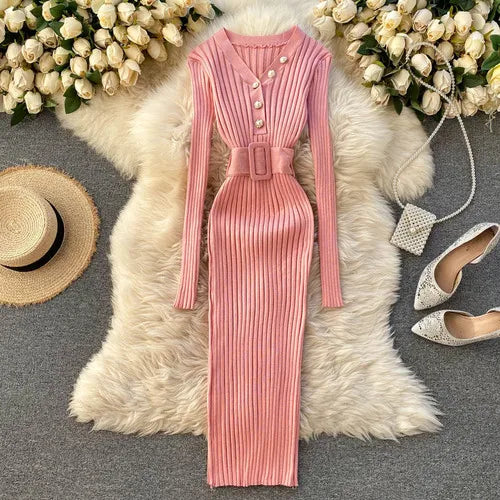Belted V-Neck Knit Sweater Dress