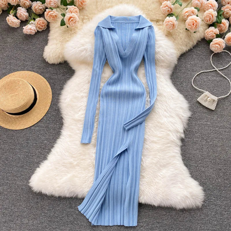 Slit Knit V-Neck Long Sleeve Bodycon Dress