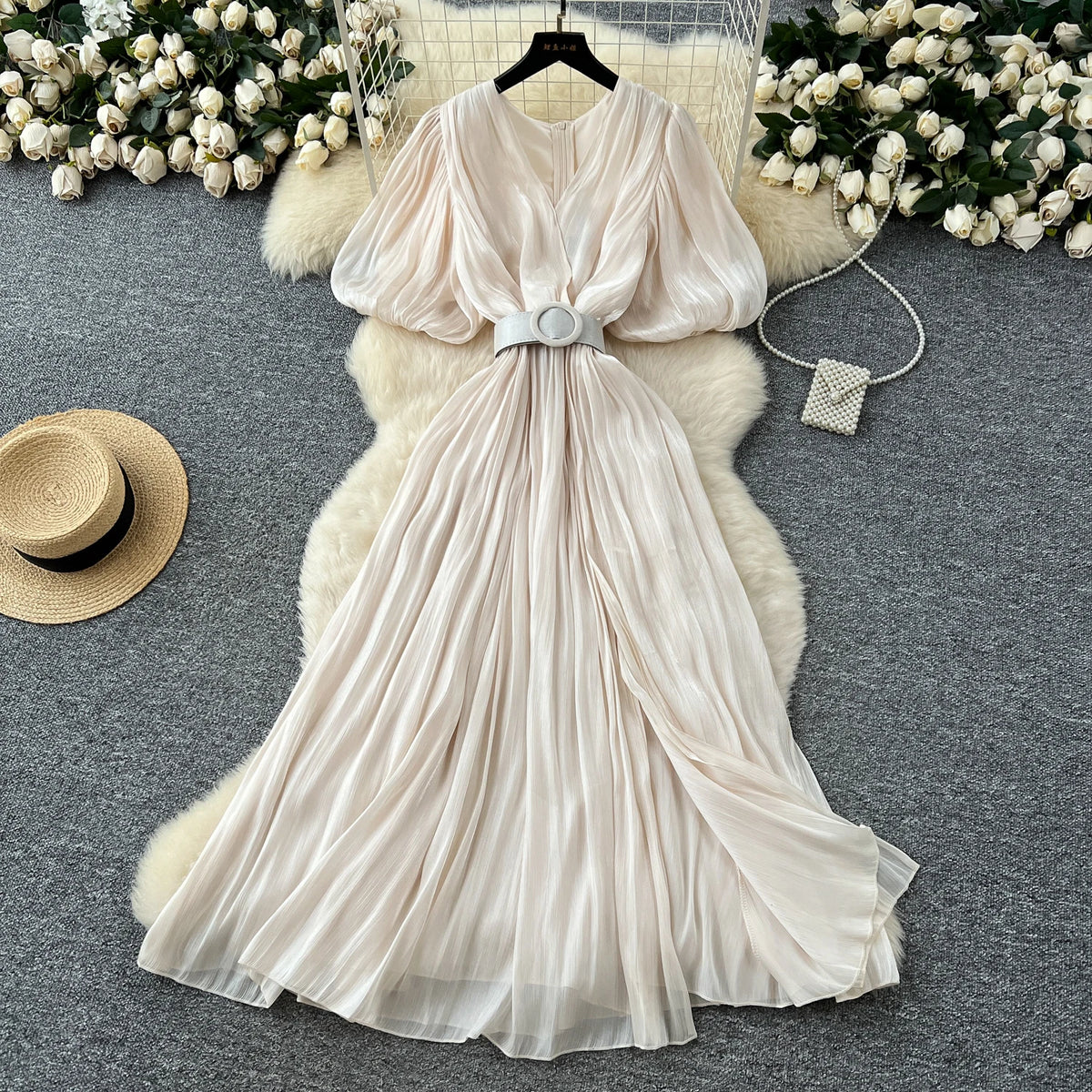Puff Sleeve Slit A-Line Dress