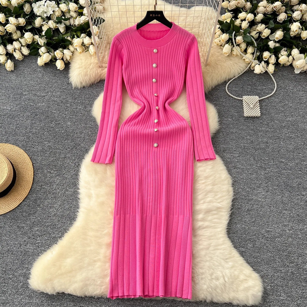 Crew Neck Ribbed Knit Bodycon Maxi Dress
