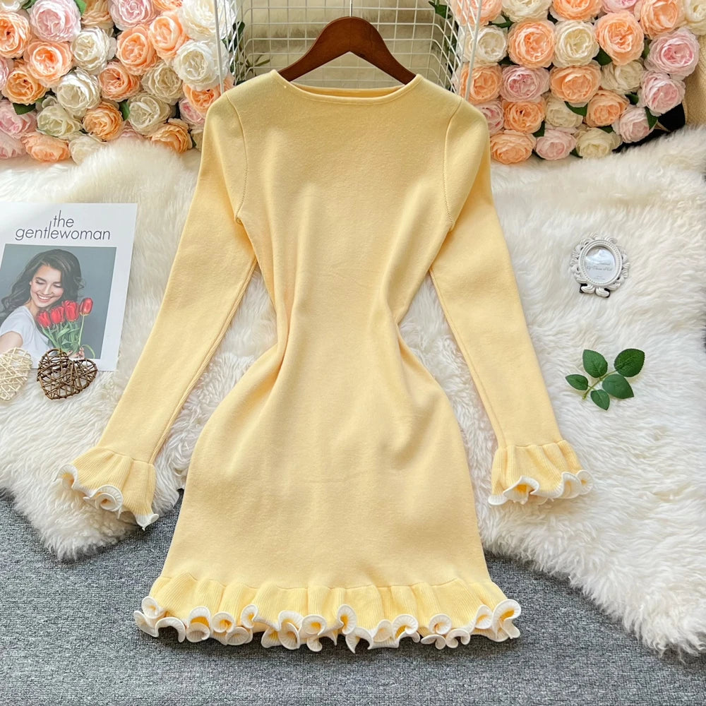 Solid Ruffled Knit A-Line Mini Dress