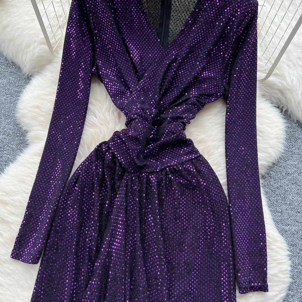 Sequin Asymmetric Long Sleeve A-Line Dress