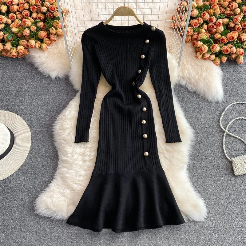 Long Sleeve Button Rib Knit Mermaid Dress