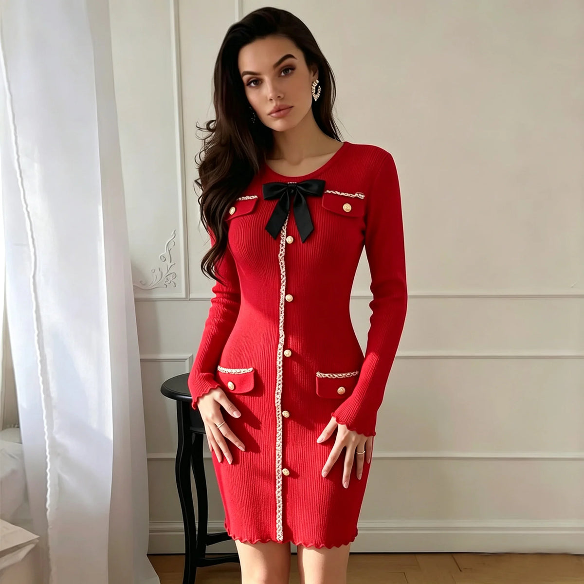 Bow Detail Knit Bodycon Mini Dress