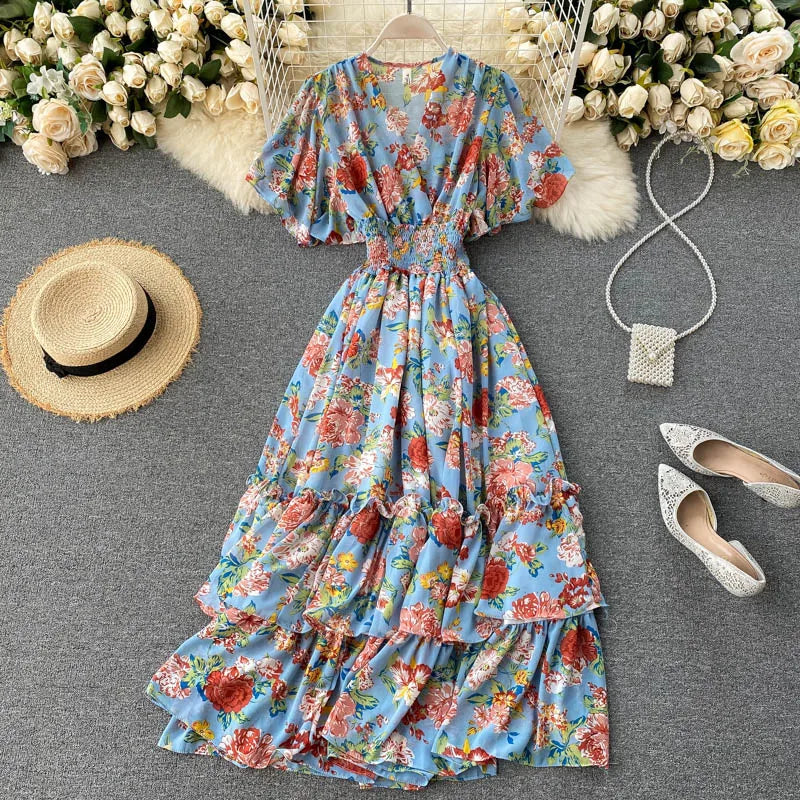 Print Ruffle Backless A-Line Dress
