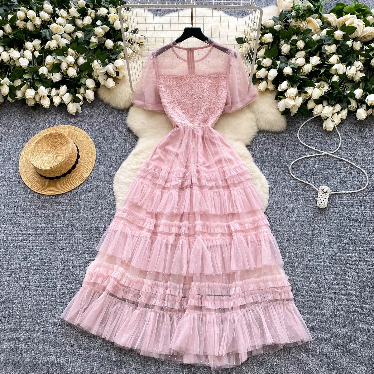 Rhinestone O-Neck Short Sleeve Party Dress