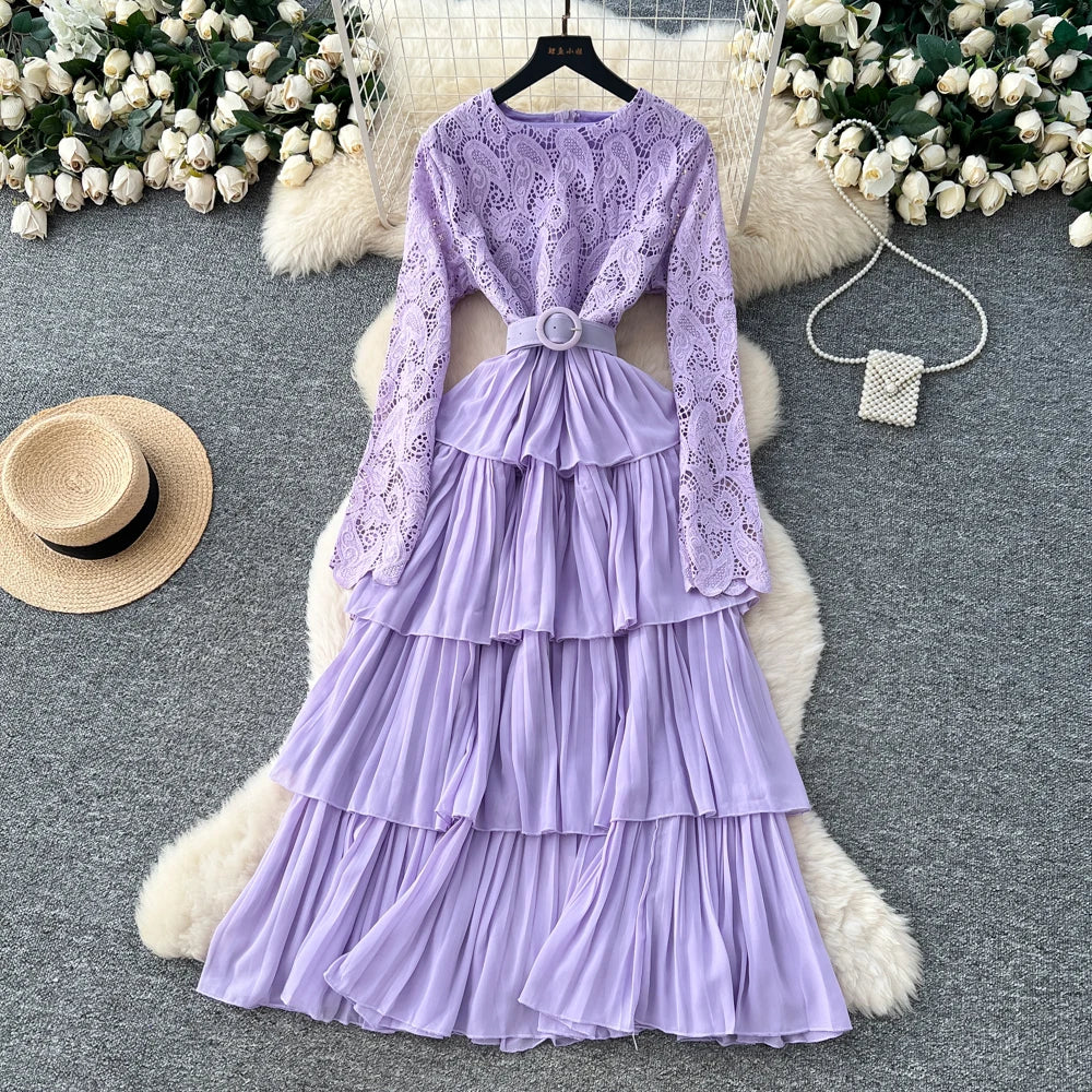 Lace O-Neck Long Sleeve A-Line Dress