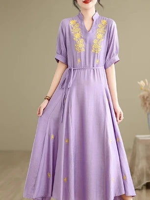 Embroidered V-Neck Puff Sleeve Beach Dress