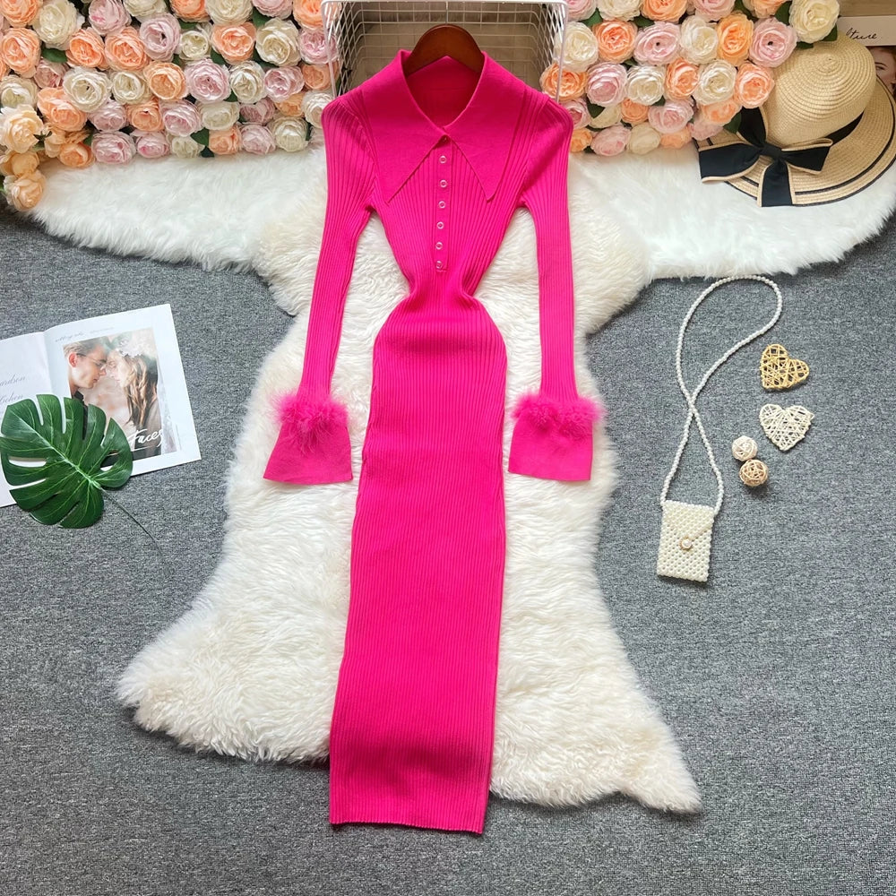 Fur Trim Knit Bodycon Maxi Dress
