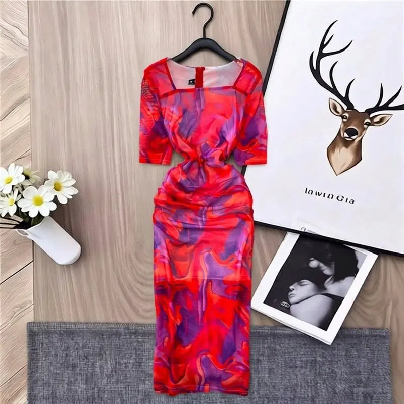 Printed Layered Mesh Bodycon Midi Dress