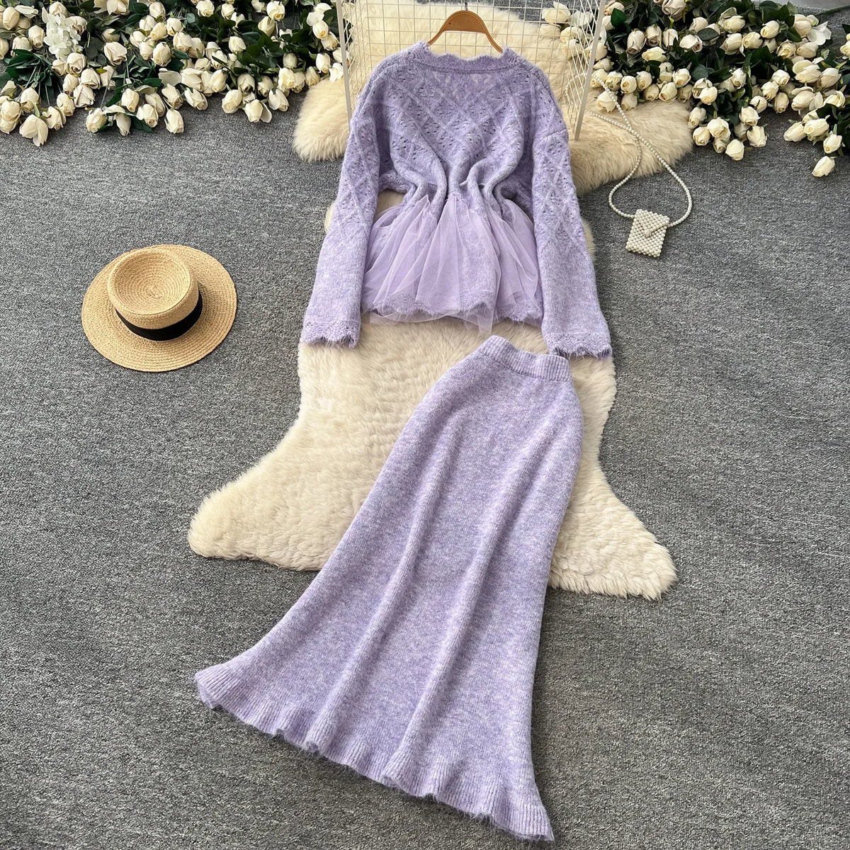Knit Cardigan and Mesh Mermaid Skirt Set