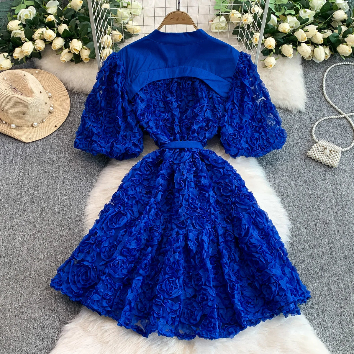 Puff Sleeve Lace-Up A-Line Dress