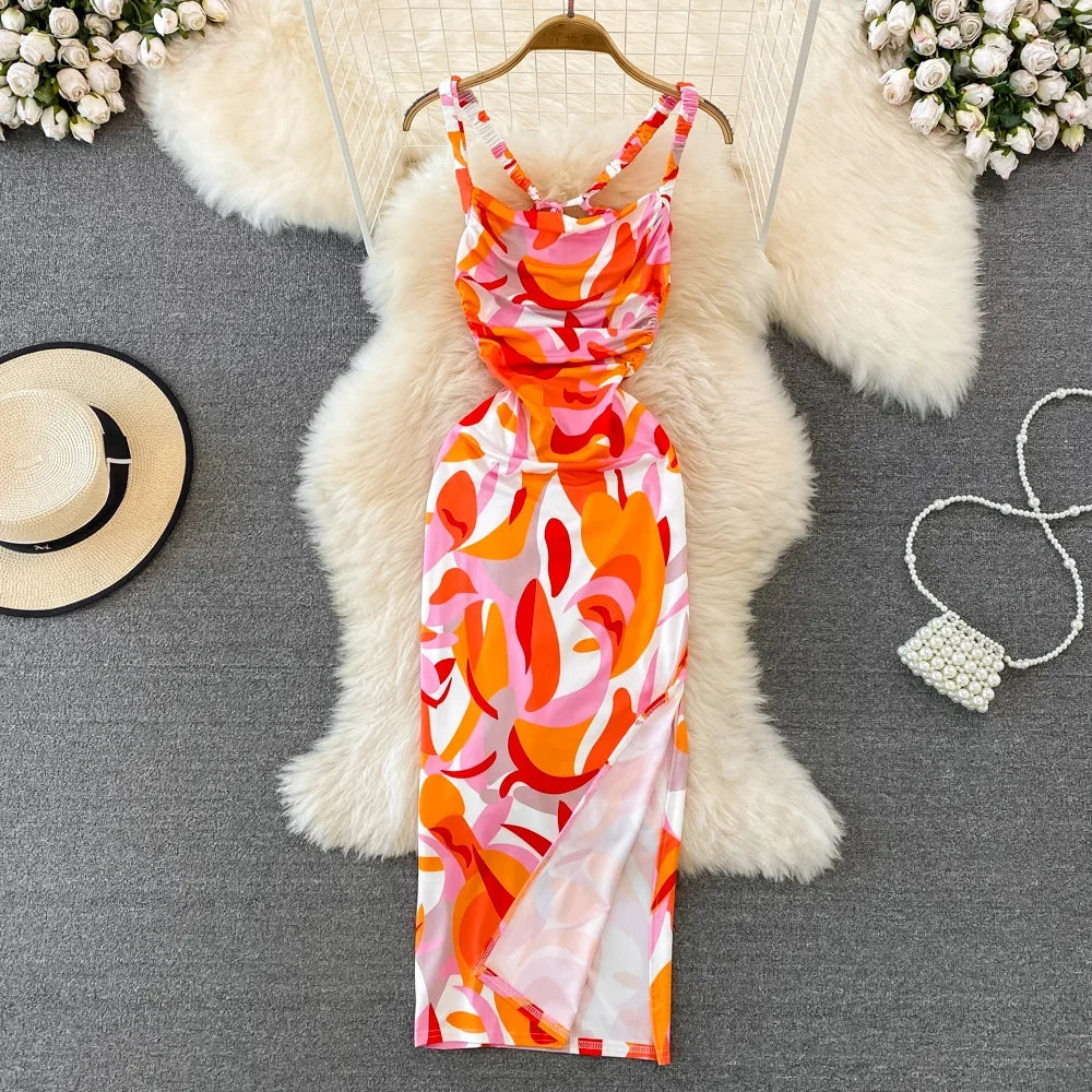 Print Lace Split Slip Dress