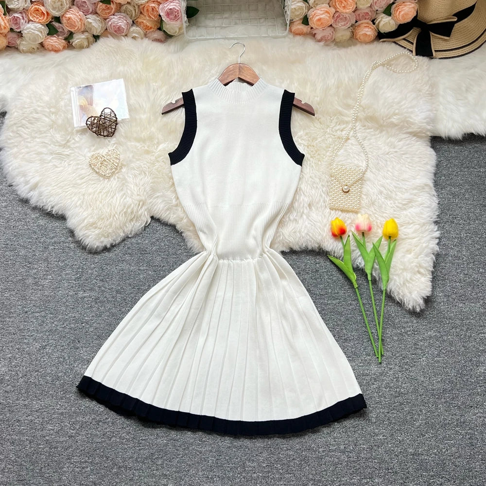 Pleated Knit A-Line Mini Dress