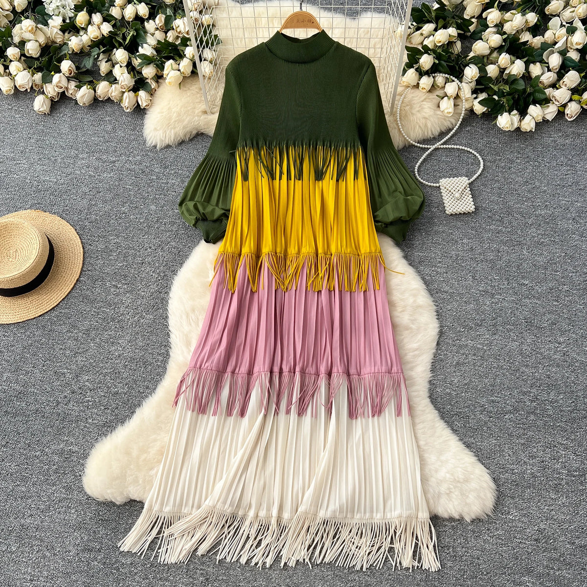 Tassel Patchwork Lantern Sleeve Dress