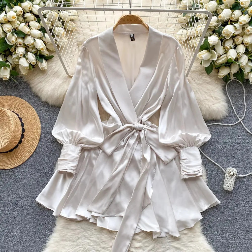 French Solid V-Neck Puff Sleeve A-Line Dress