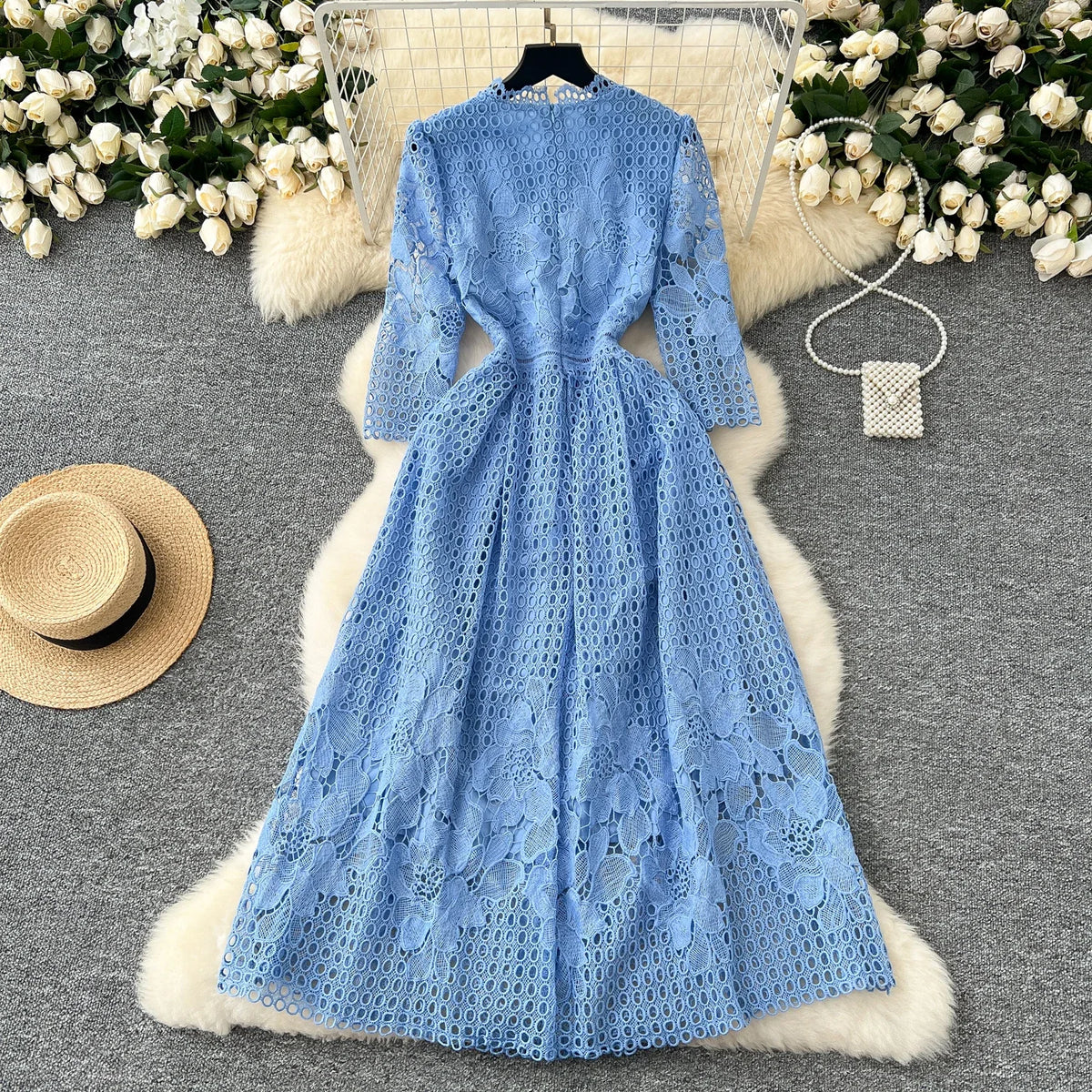 Crochet Floral Hollow Out Half Sleeve Dress