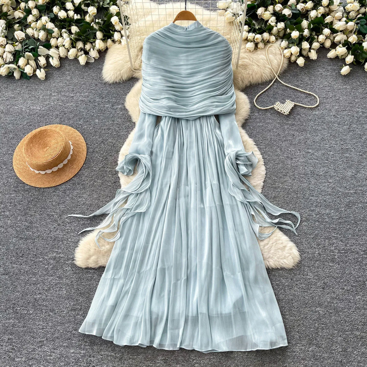 Ribbon Puff Sleeve Cape Maxi Dress