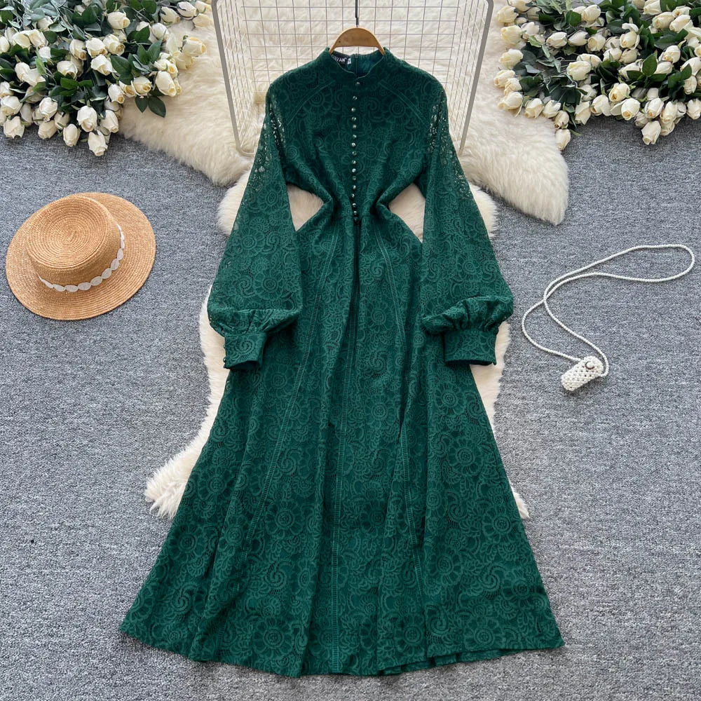 Lace Button-Front Long Sleeve Party Dress