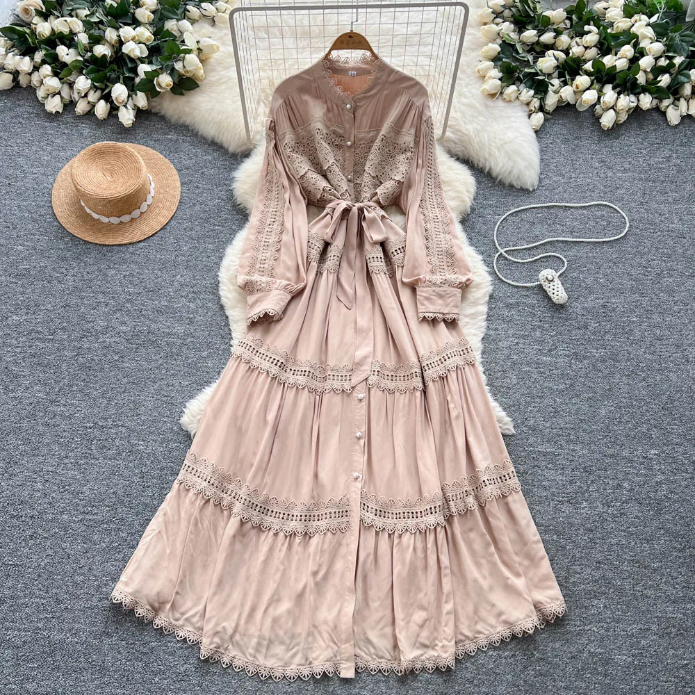 Crochet Cutout Button Long Dress