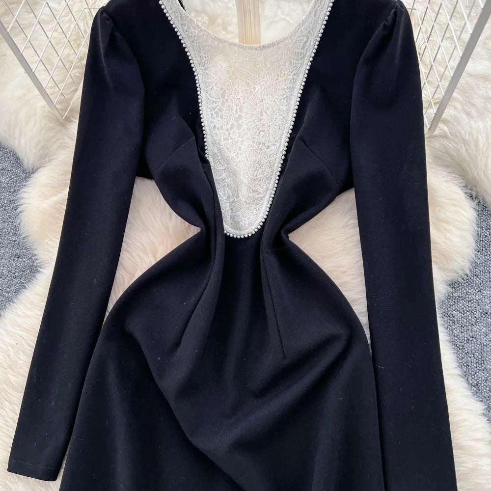 Beaded O-Neck Long Sleeve Slim Dress