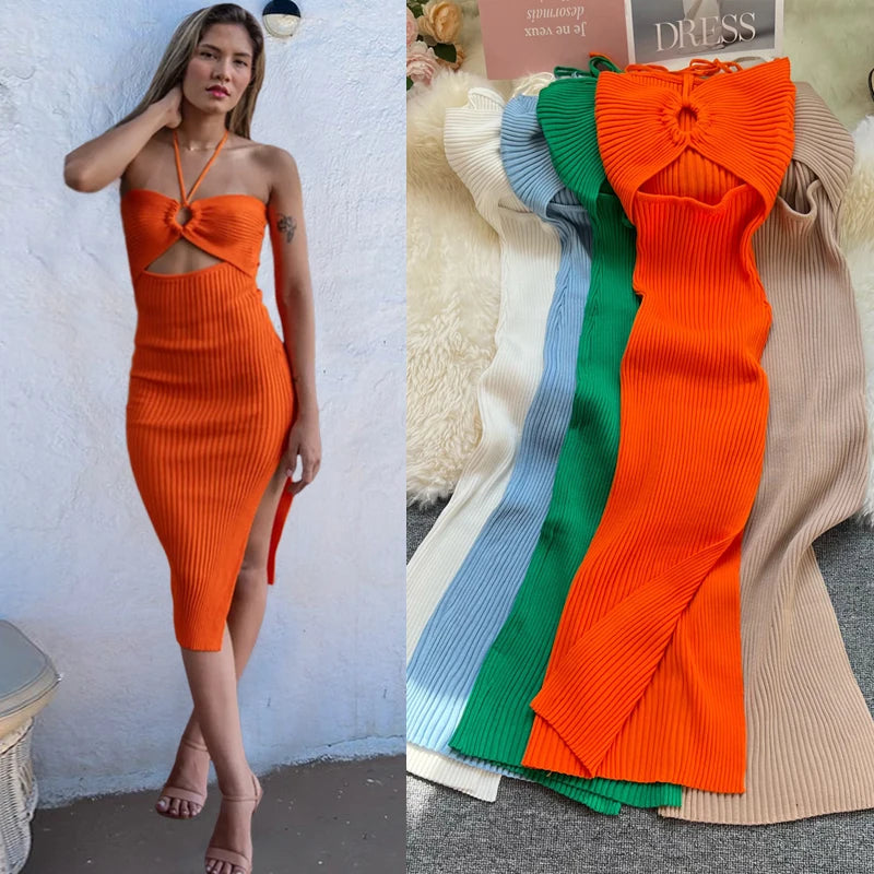 Halter Split Knit Maxi Beach Dress