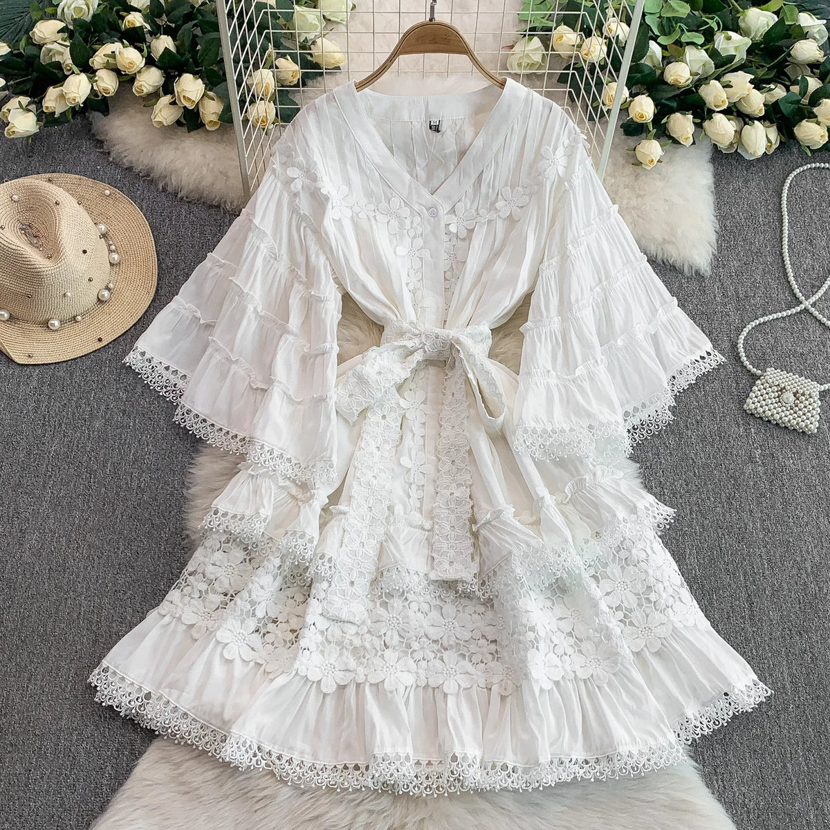 Spliced V-Neck Short Sleeve Beach Dress