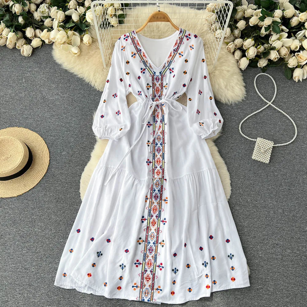 Embroidered V-Neck Lantern Sleeve Dress