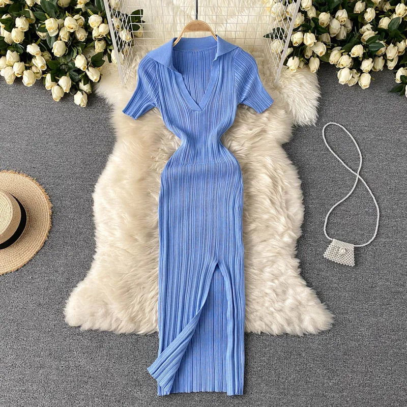 Striped Knit Collared Wrap Bodycon Dress