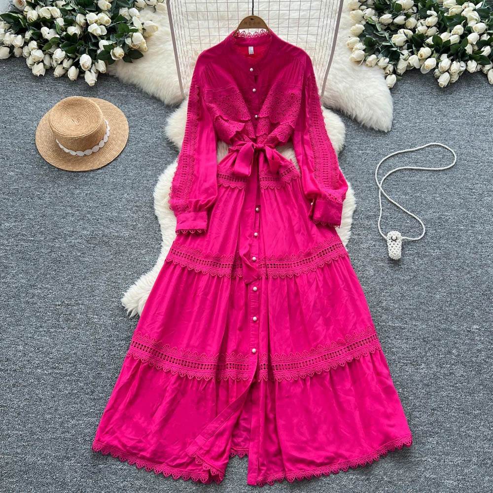Crochet Cutout Button Long Dress