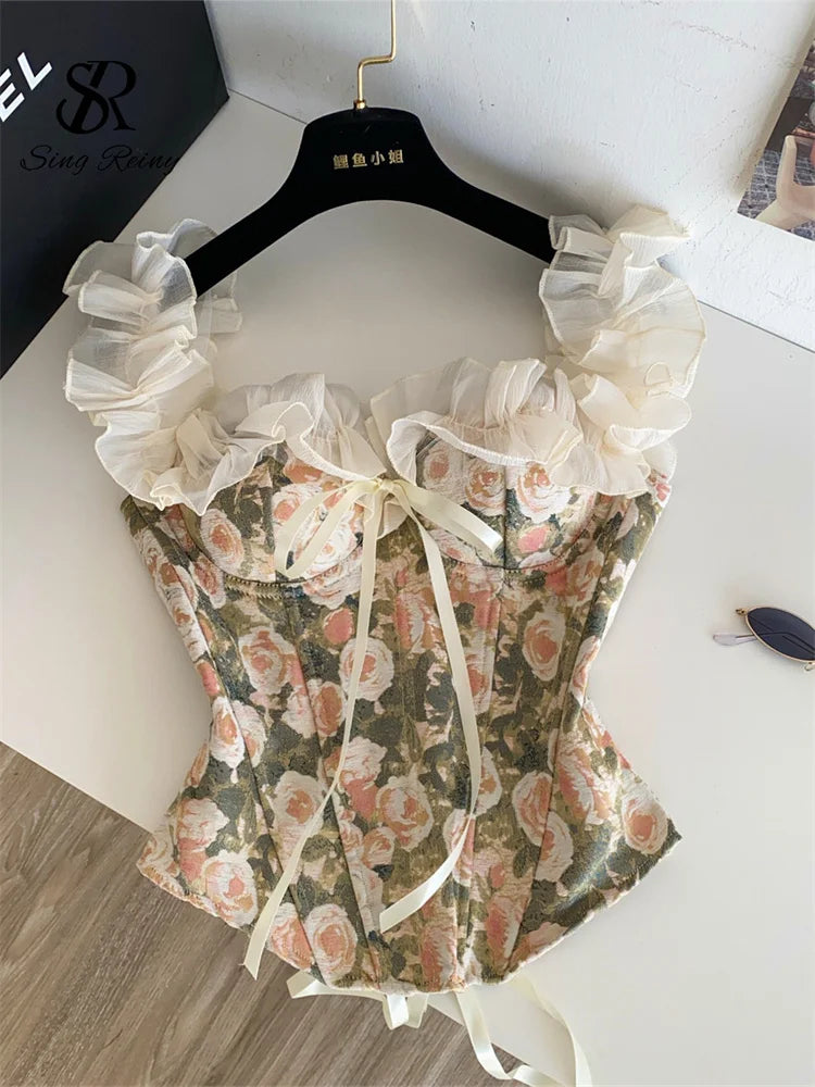 Floral Ruffle Off-Shoulder Corset Top