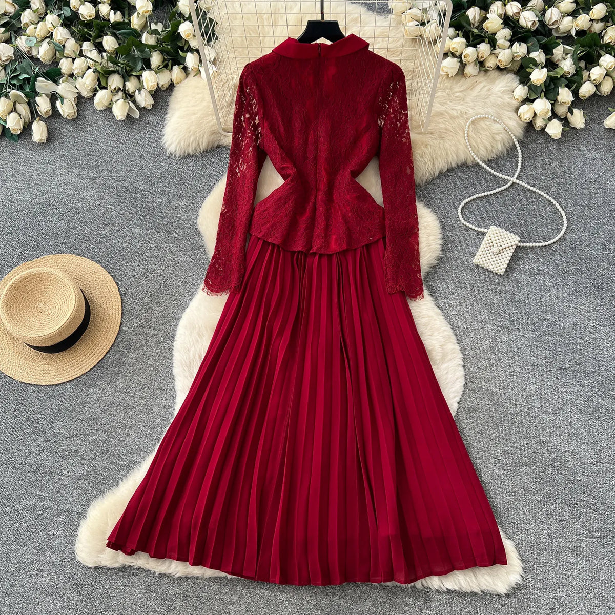 Lace Panel Collared Lantern Sleeve Maxi Dress