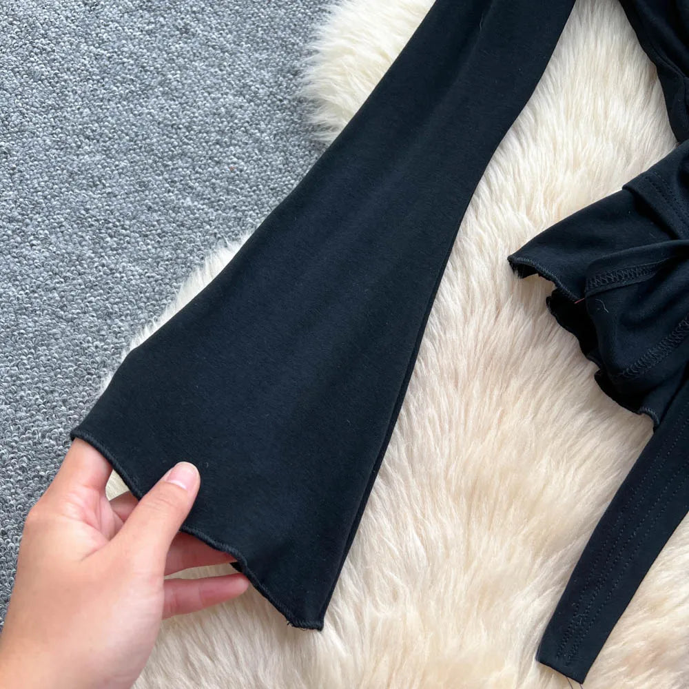 Ruched O-Neck High Waist Long Sleeve Dress