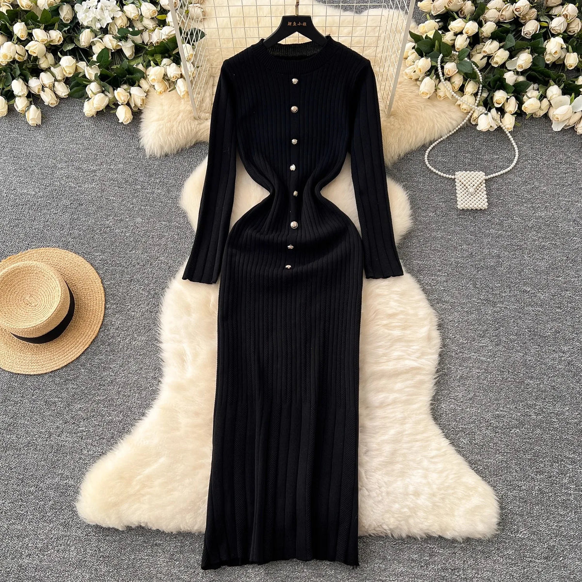 Crew Neck Ribbed Knit Bodycon Maxi Dress