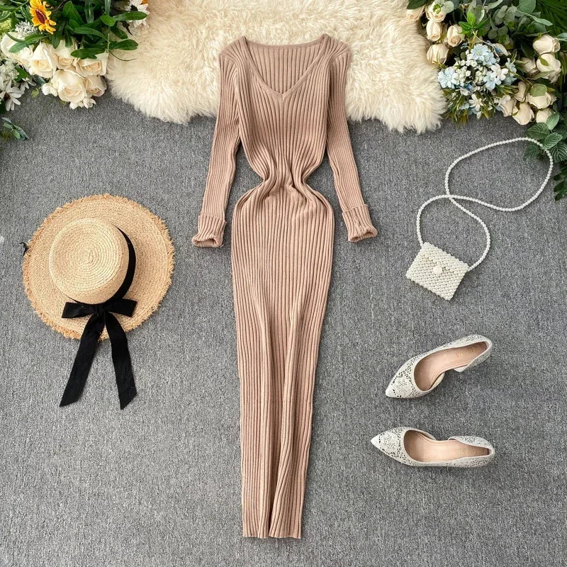 V-Neck Knit A-Line Sweater Dress