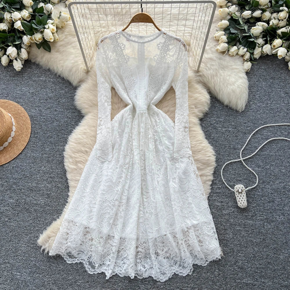 Embroidered Lace Ruched Long Sleeve Dress