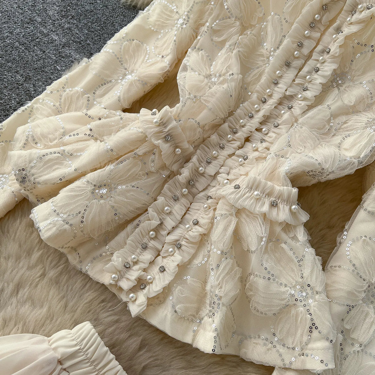 Beaded Lace Blouse and A-Line Skirt Set