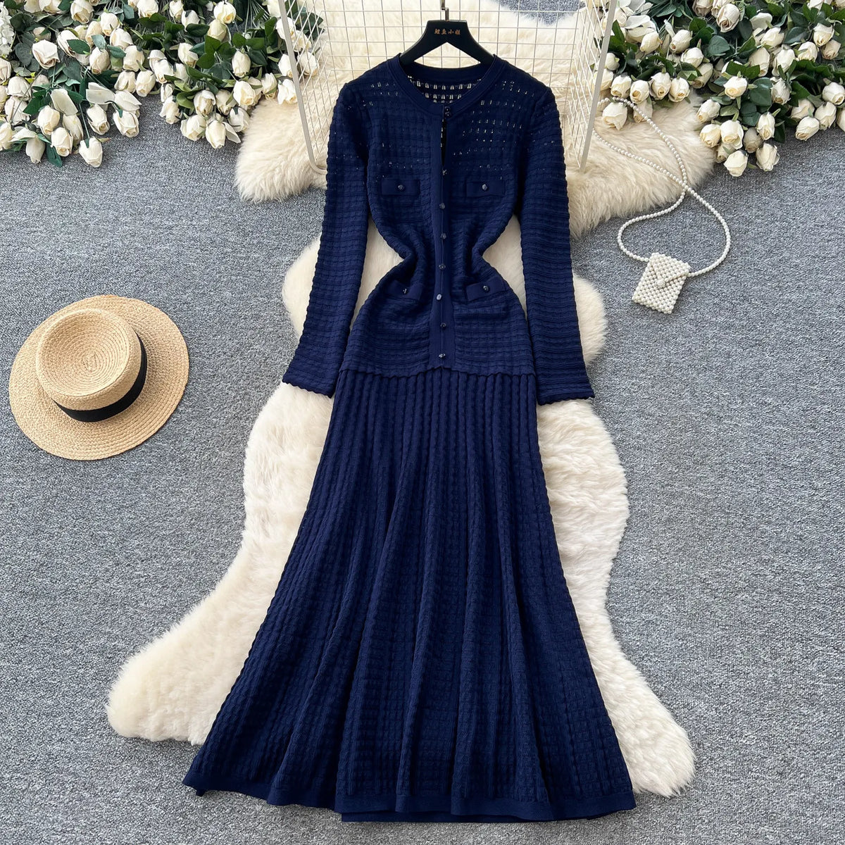 Pleated Tweed Knit A-Line Maxi Dress