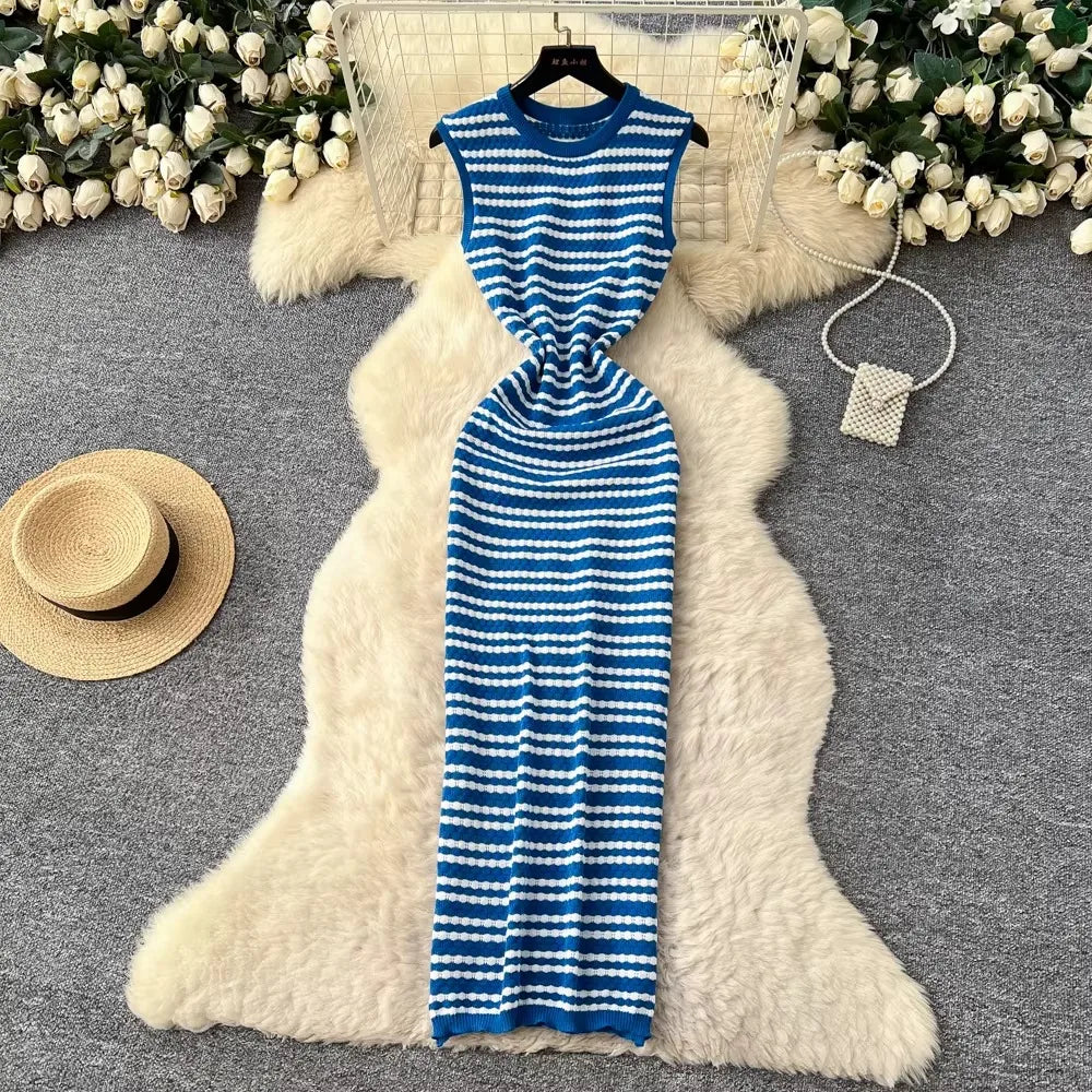Striped Sleeveless Knit Maxi Tank Dress