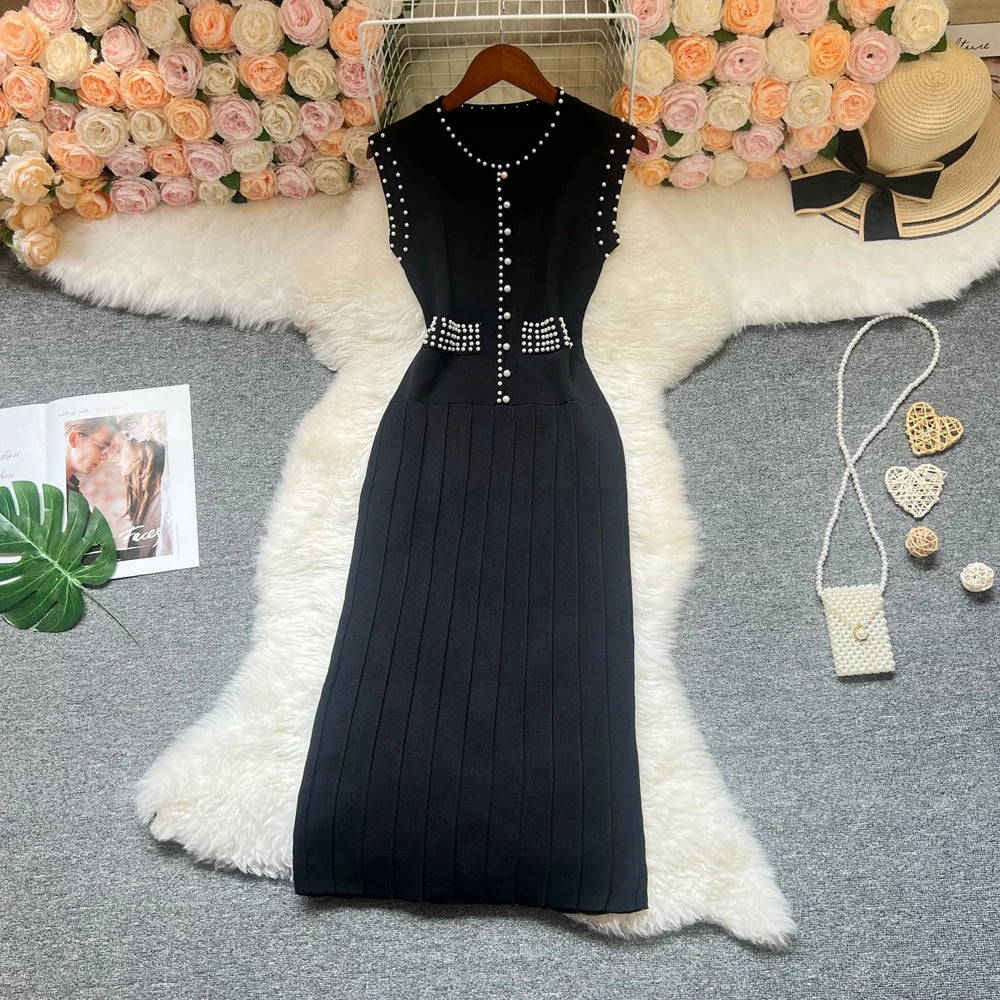 Pearl Pleated Knit Maxi Dress